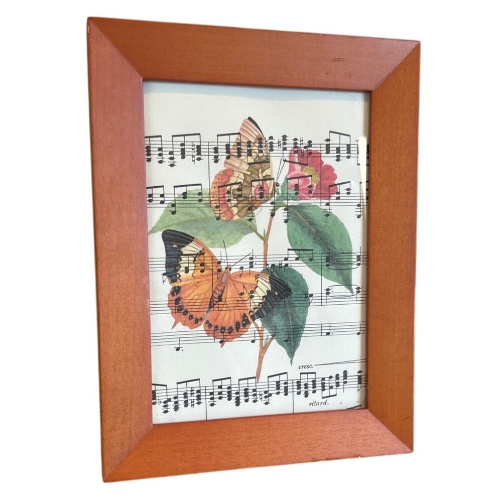 Handmade Upcycled Vintage Sheet Music Orange Pink Butterfly Flowers Framed Art